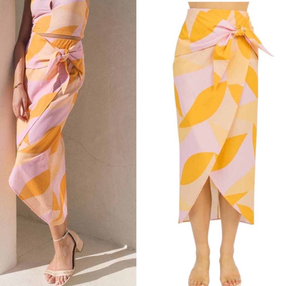 LN FORE Pink Yellow Orange Abstract Colorblock Print Wrap Midi Maxi Skirt - M